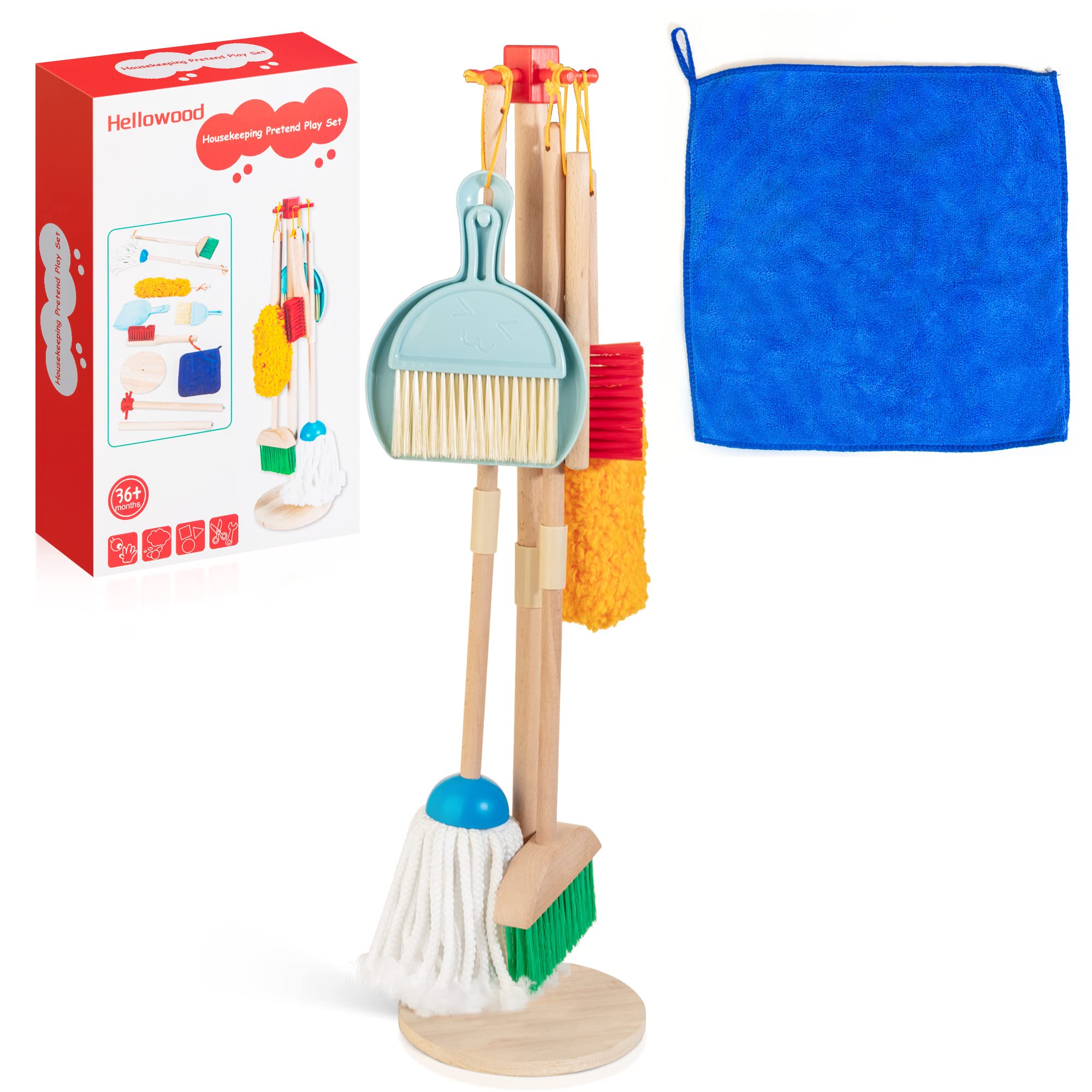 8-Piece Wooden Cleaning Set for Kids with Mop Broom Brushes Stand Rag
