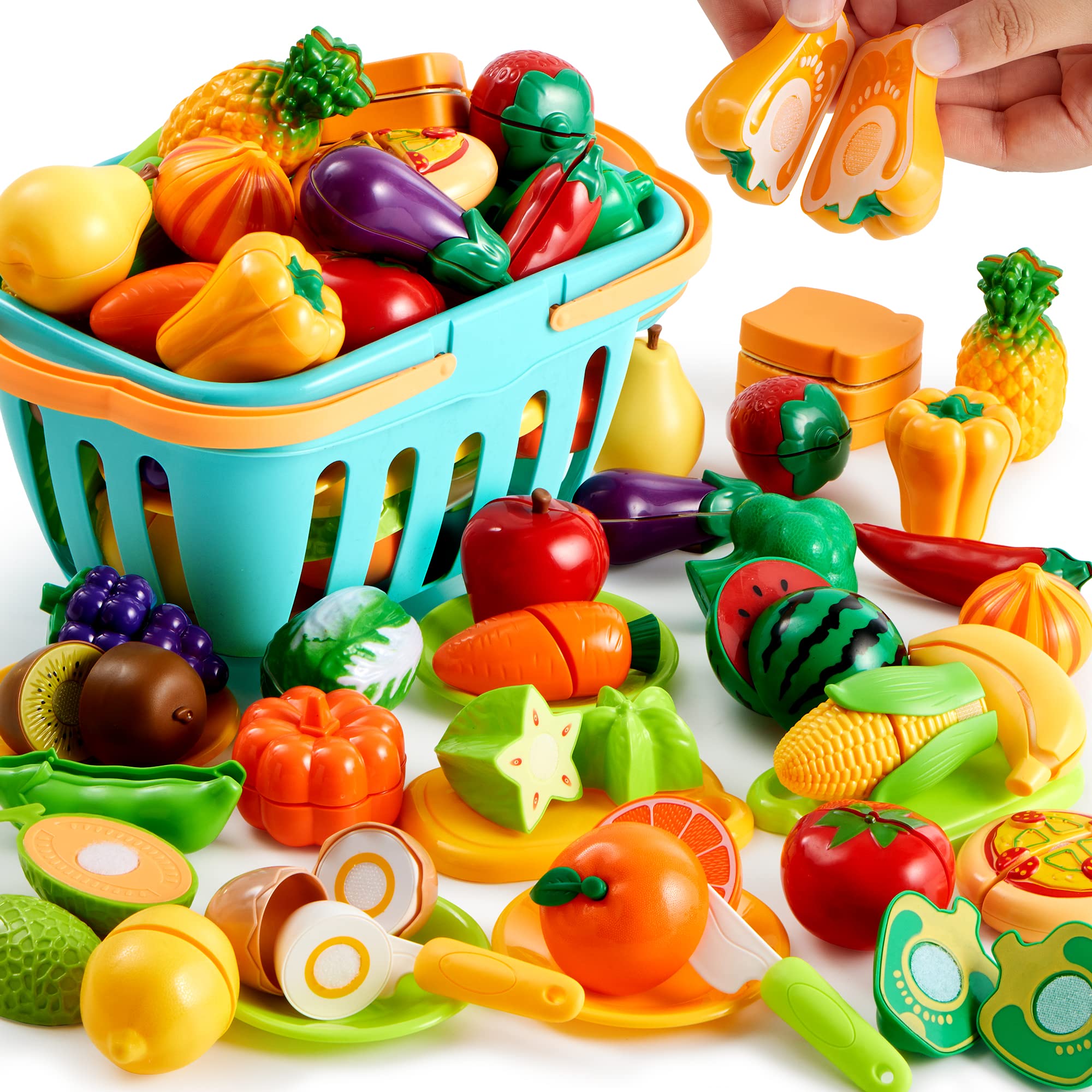 71Pcs Pretend Cutting Food Toy Set Fruits, Veggies, Basket Utensils