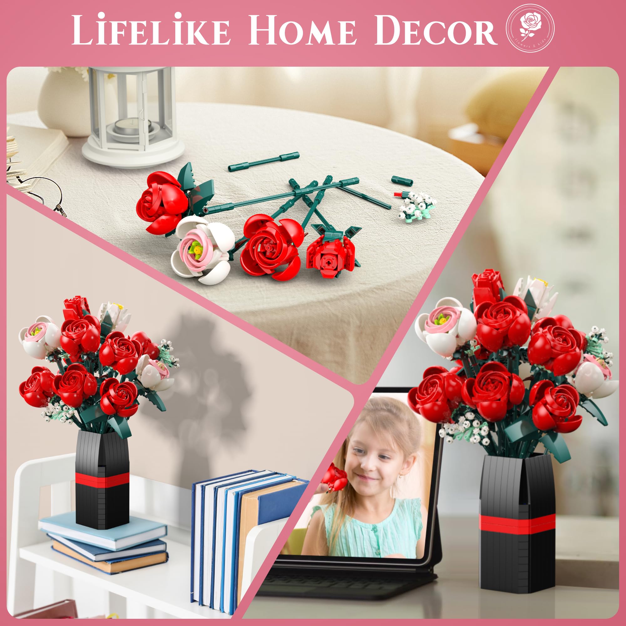 Rose Bouquet Building Kit, 841 PCS DIY Floral Display with Vase