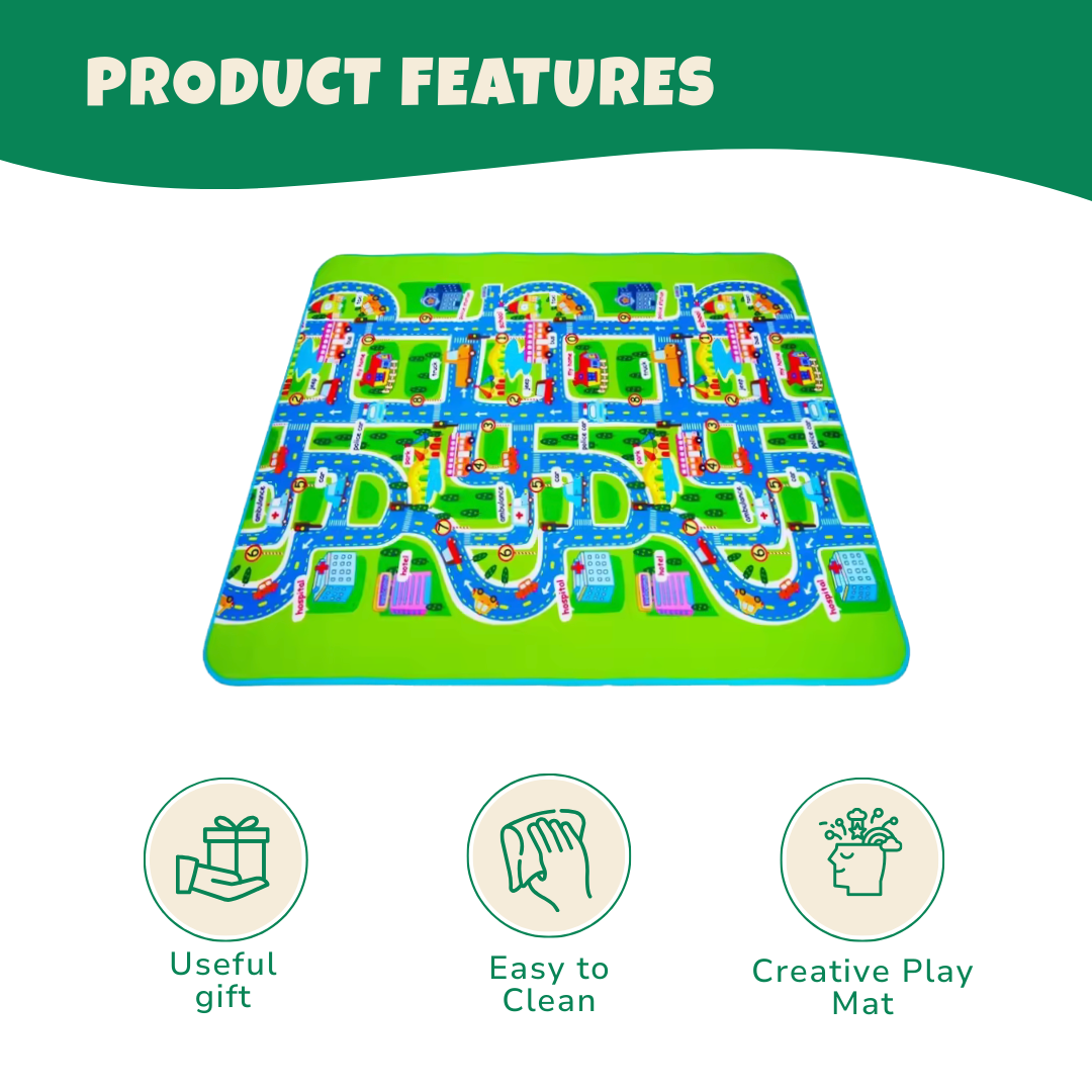 Foldable Car Play Mat for Kids with Cartoon City Map and Road System