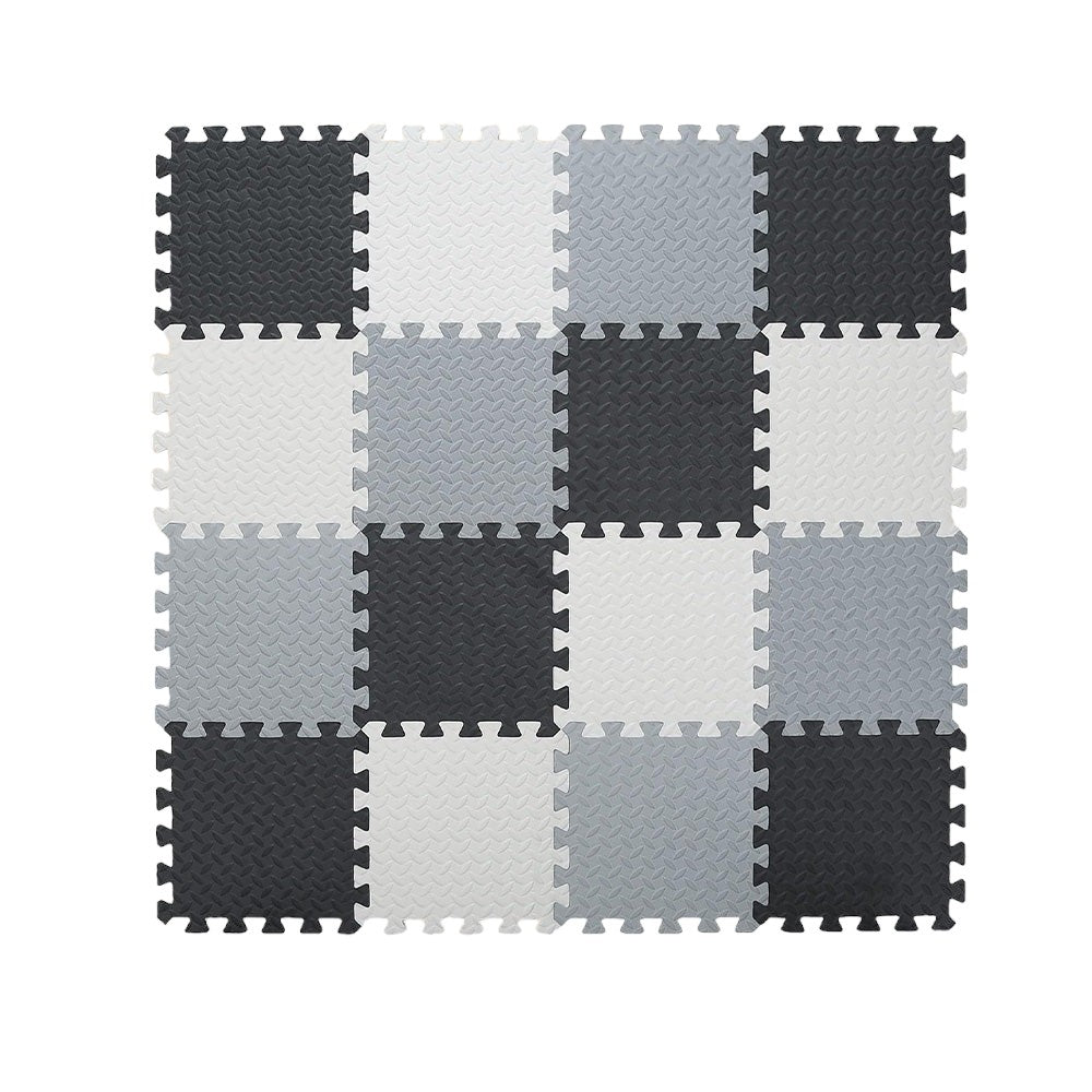 16-Piece Interlocking Foam Play Mats, Grey, White & Black for Kids