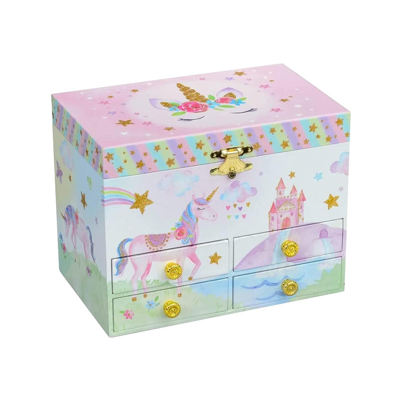 Rainbow Musical Jewelry Box with 4 Drawers and Spinning Unicorn