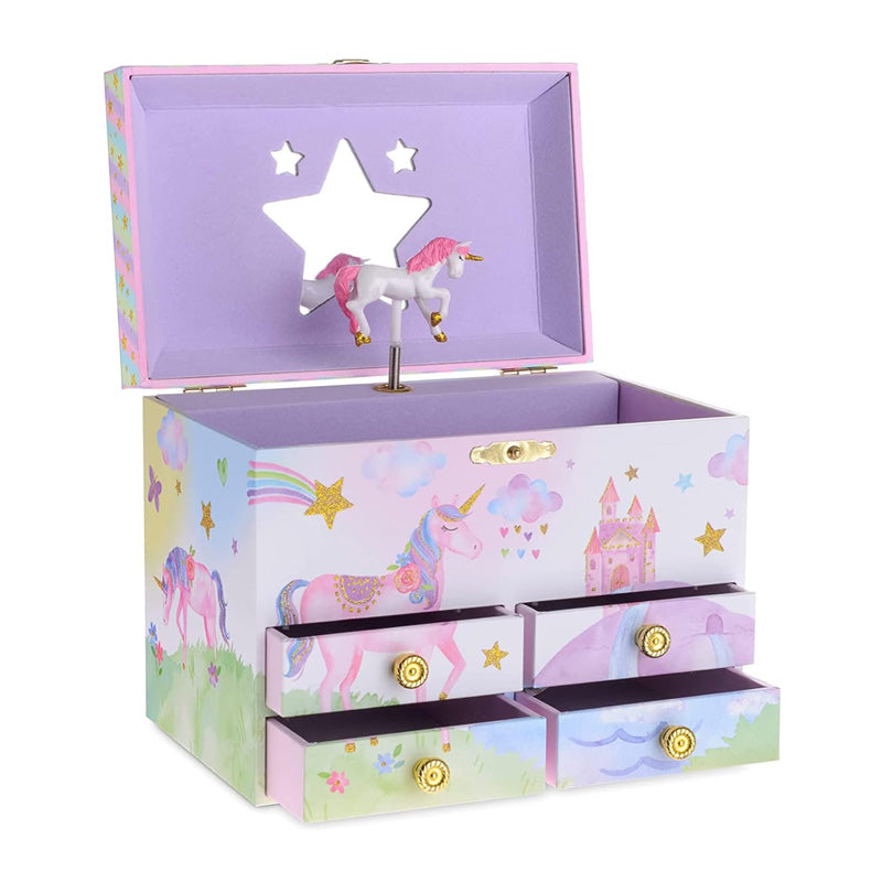 Rainbow Musical Jewelry Box with 4 Drawers and Spinning Unicorn