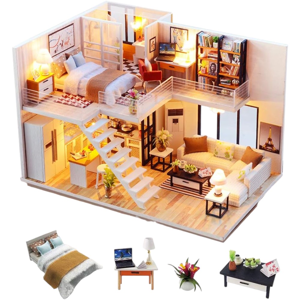 Elegant Miniature Wooden Dollhouse Kit with Furniture, LED Lights