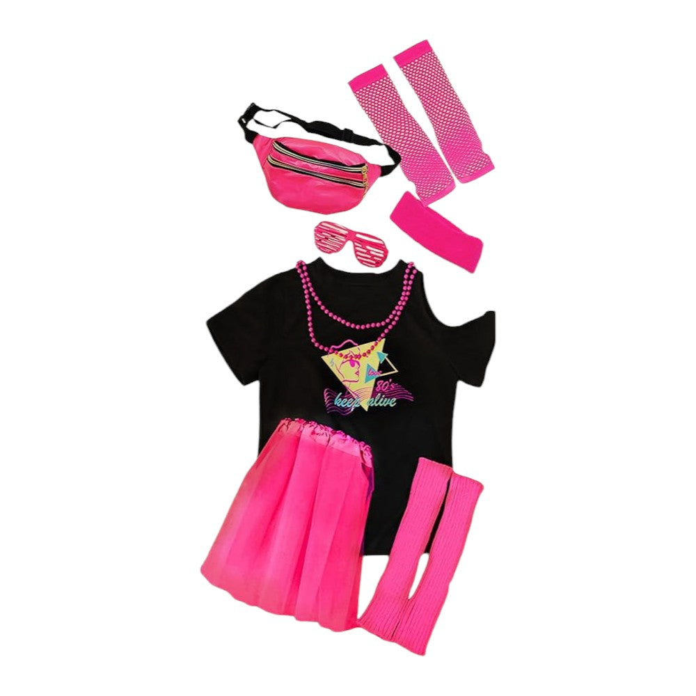 80s Girls Costume Set with Tutu, Gloves, Glasses, Necklace & More