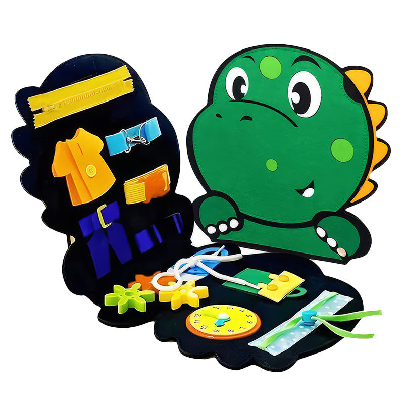 Dinosaur-Themed Sensory Busy Board with Gears, Zippers & Buttons