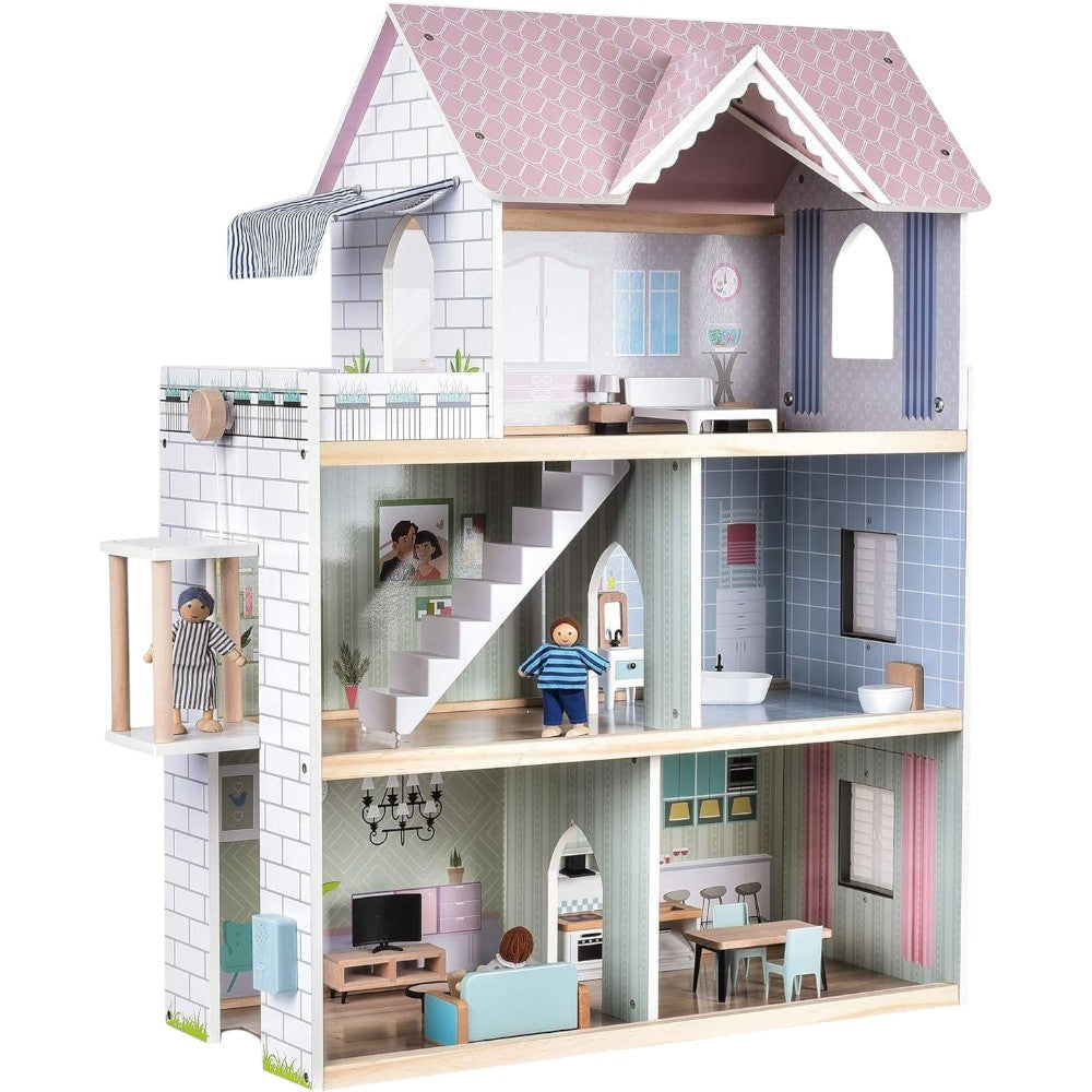Pink/White Wooden Dollhouse Set with Elevator, Furniture & Dolls
