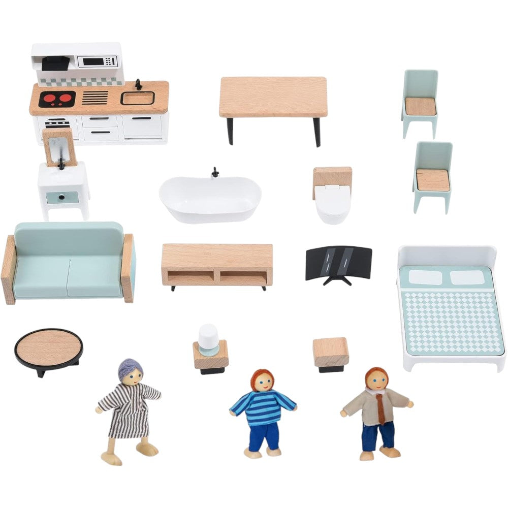 Pink/White Wooden Dollhouse Set with Elevator, Furniture & Dolls