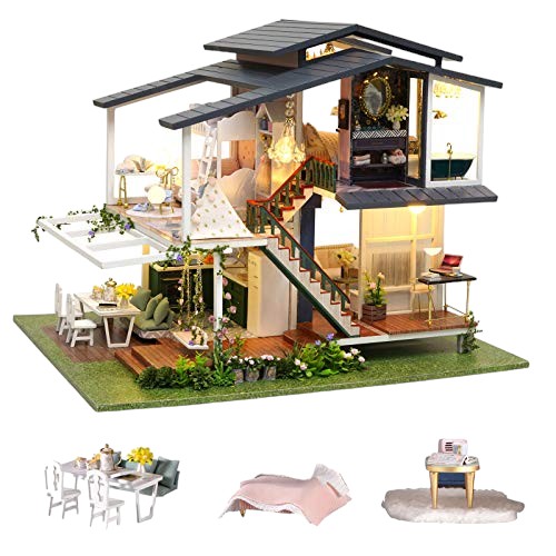 Creative Wooden Dollhouse with LED Lights, Furniture, and Pool