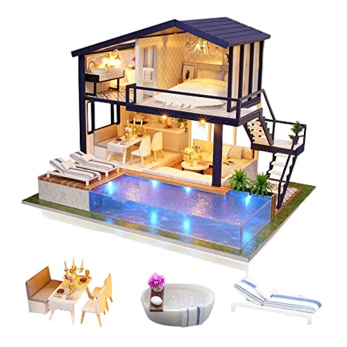 Creative Wooden Dollhouse with LED Lights, Furniture, and Pool
