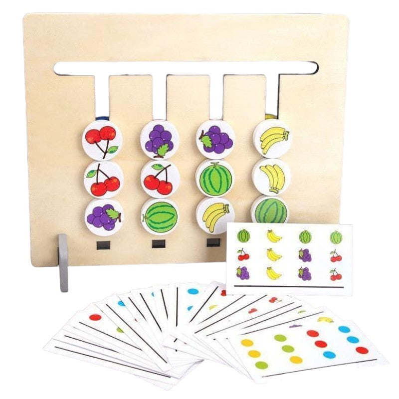Double-Sided Wooden Matching Game with Fruit and Color Cards