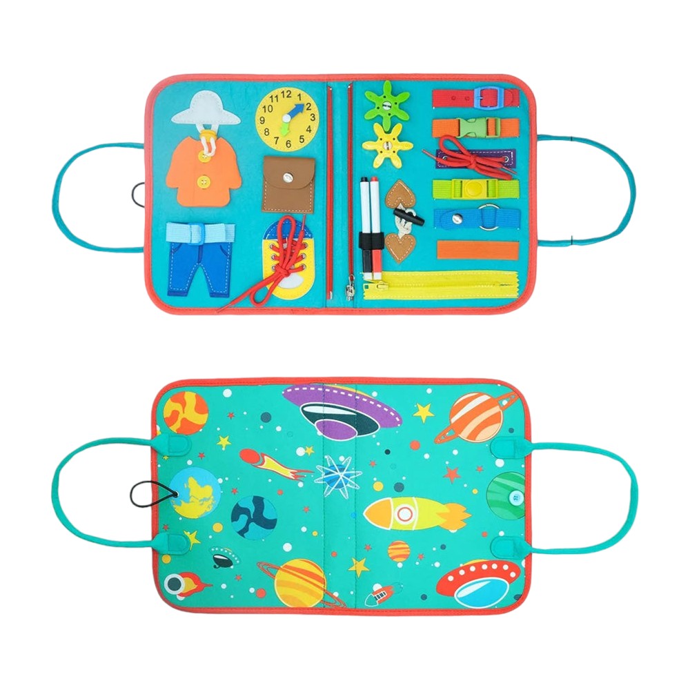 Montessori Busy Board with 5 Layers – Zippers, Buckles & Clock
