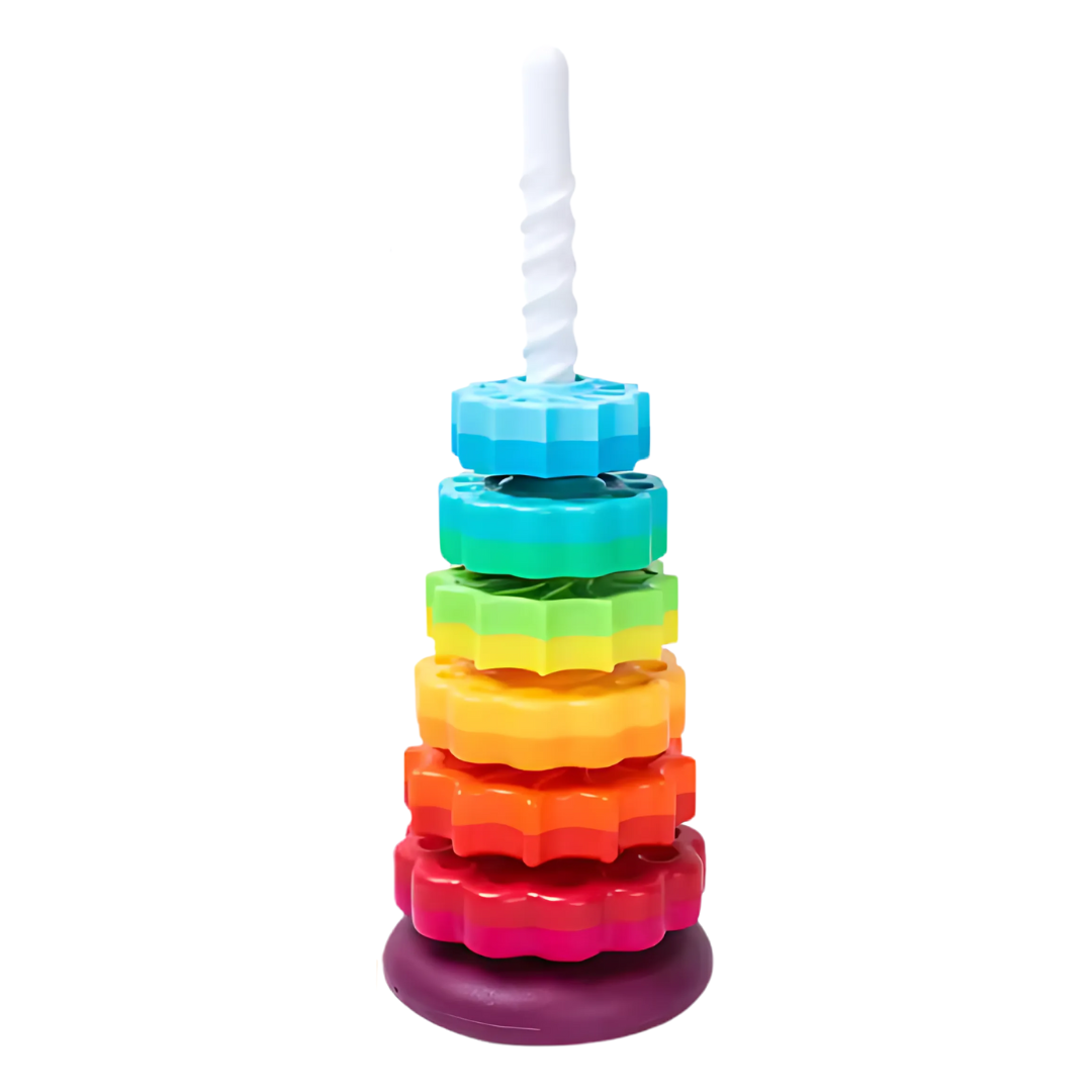 Rainbow Stacker Rotating Tower – 6-Layer Spiral Gear Toy for Toddlers