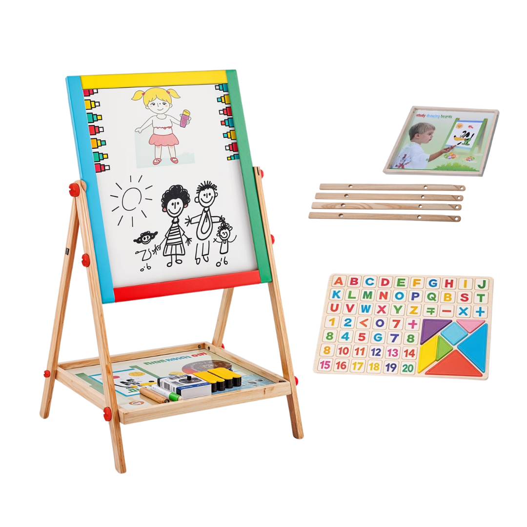 Double-Sided Wooden Kids Board with Tray, Adjustable Height