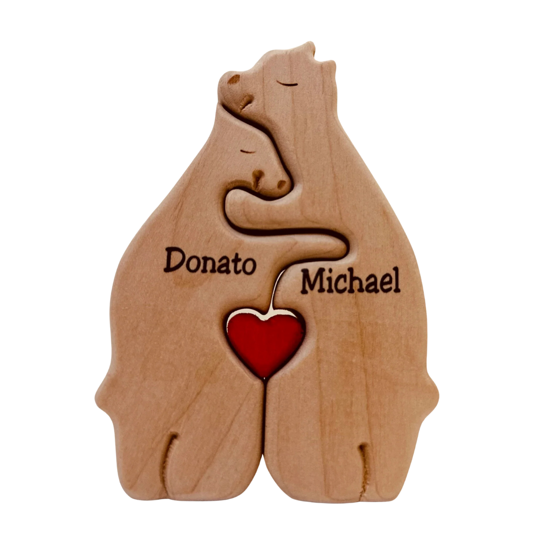Custom Wooden Bear Family Figurines with Engraved Names for 2 Members