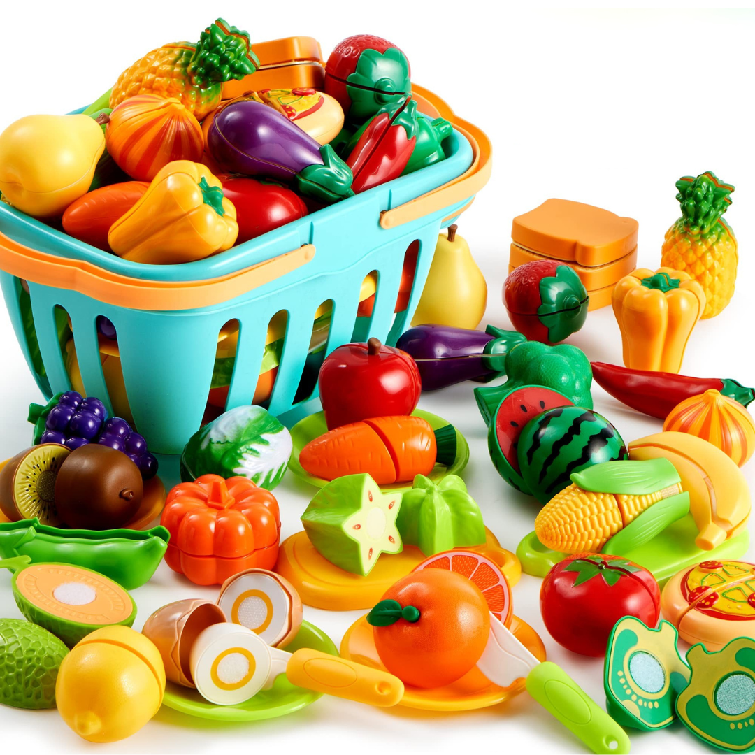 71Pcs Pretend Cutting Food Toy Set Fruits, Veggies, Basket Utensils