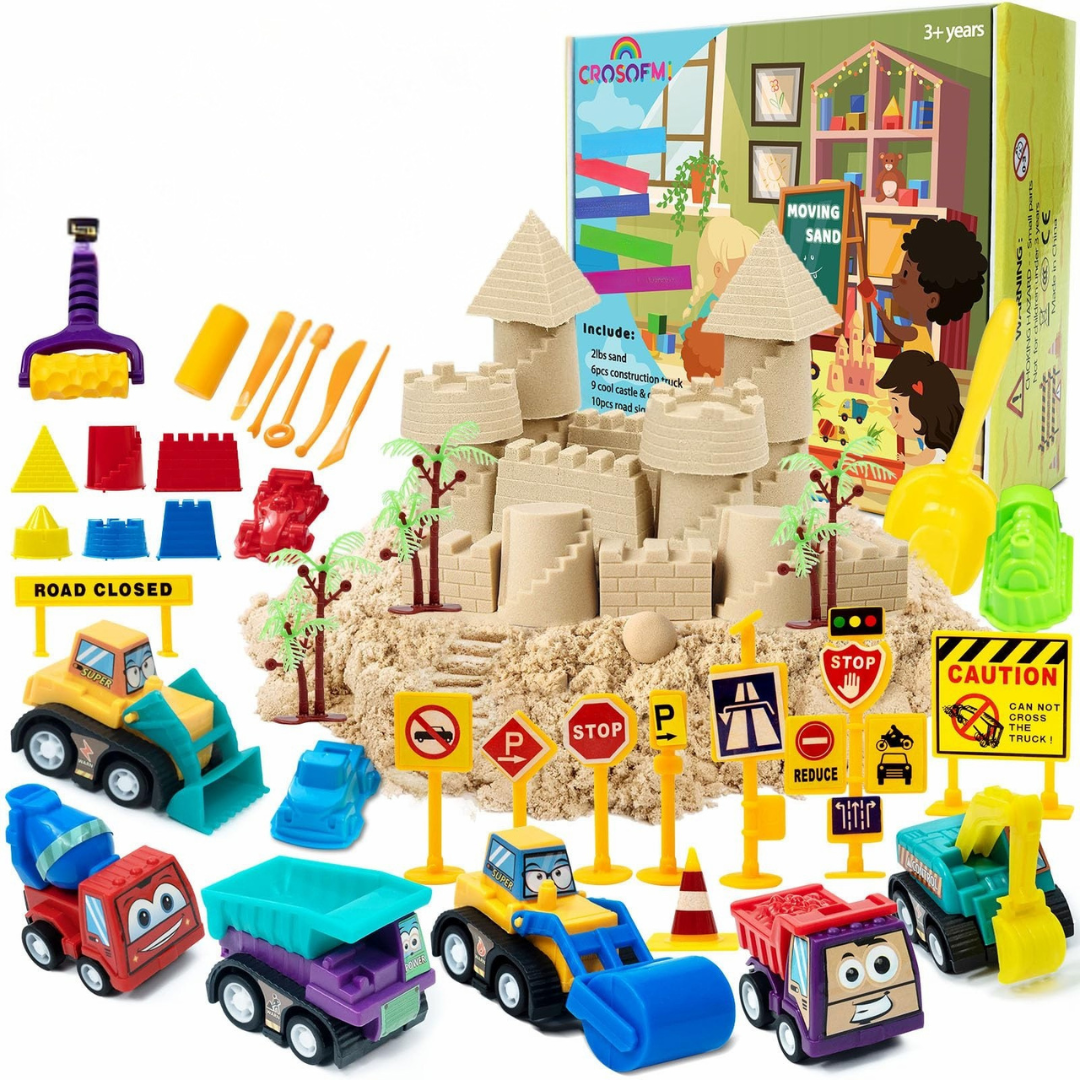 1lb PlaySand Kit with Foldable Sandbox, 6 Construction Trucks Tools