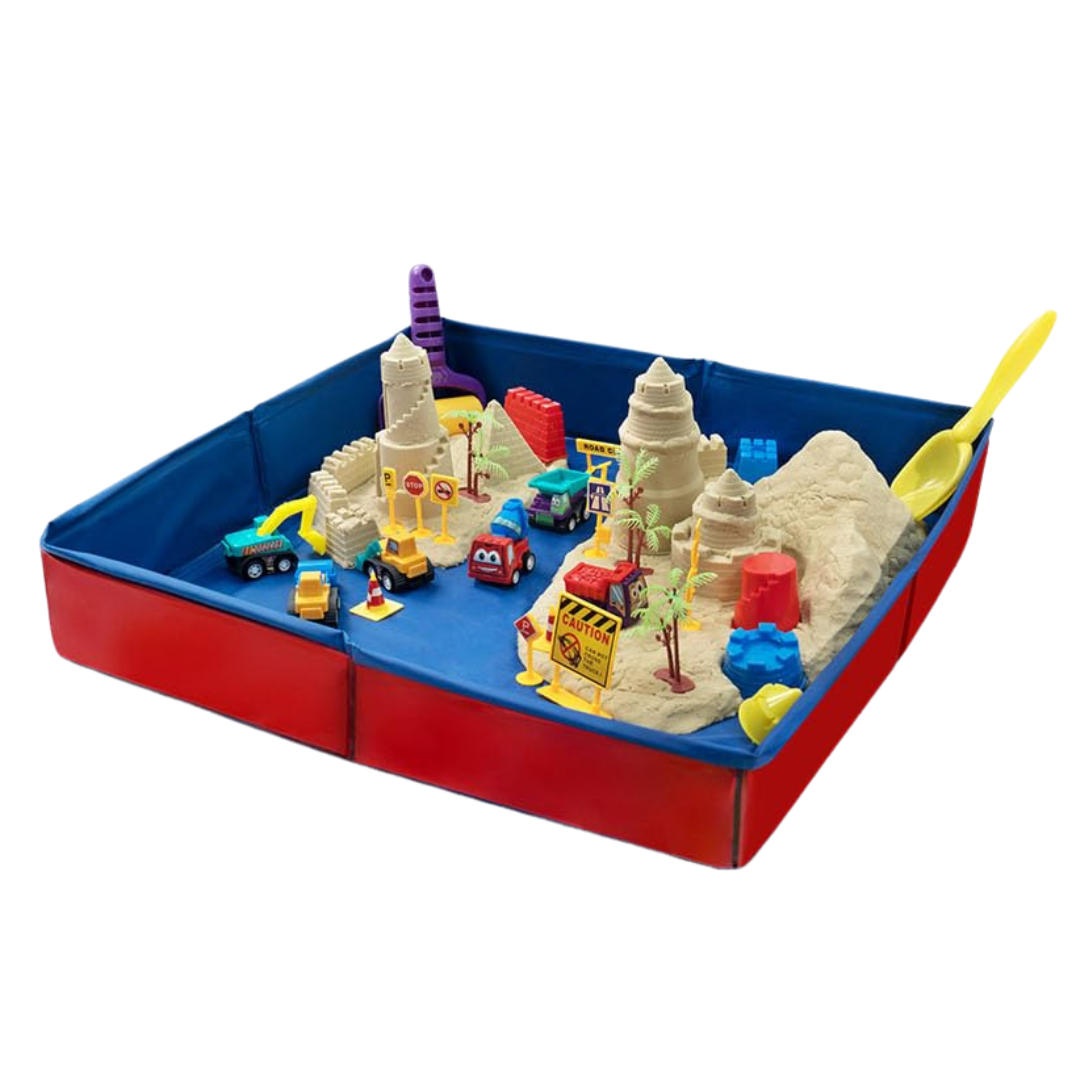 1lb PlaySand Kit with Foldable Sandbox, 6 Construction Trucks Tools