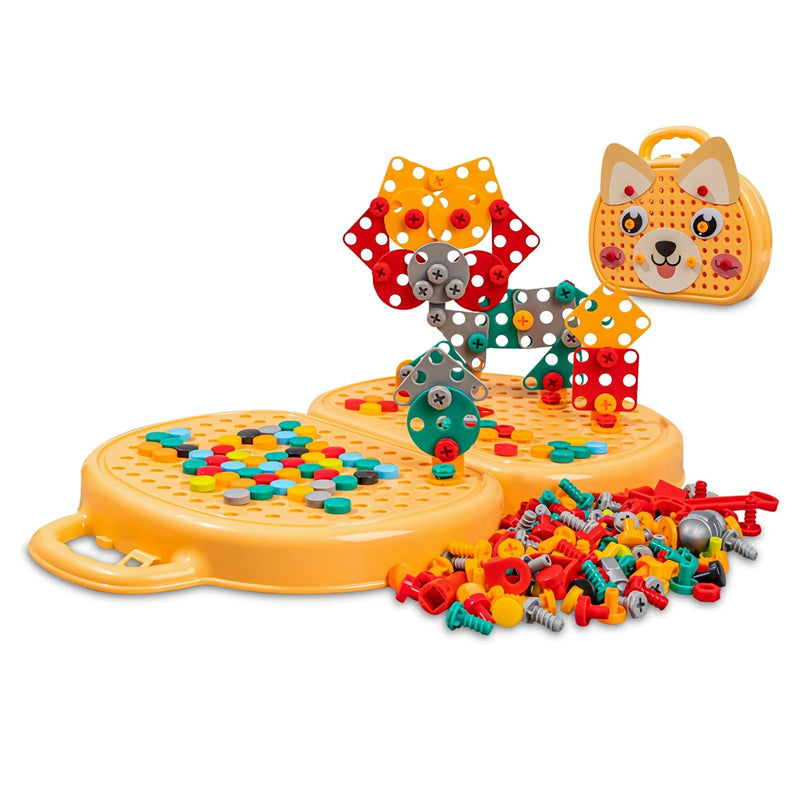 Montessori Toolbox Set with Drill, 204 Pieces in Bear & Dog Suitcase