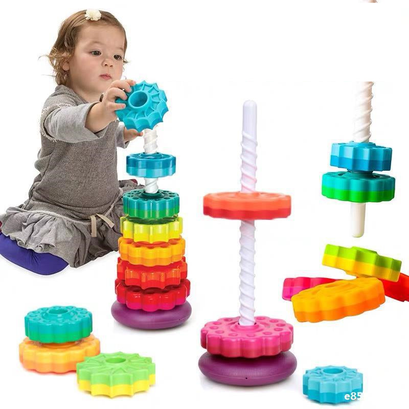 Rainbow Stacker Rotating Tower – 6-Layer Spiral Gear Toy for Toddlers